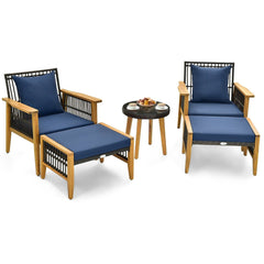 5 Piece Acacia and Rattan Patio Chair Set with 2 Ottomans and Round Glass Table, Navy