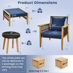 5 Piece Acacia and Rattan Patio Chair Set with 2 Ottomans and Round Glass Table, Navy