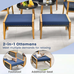 5 Piece Acacia and Rattan Patio Chair Set with 2 Ottomans and Round Glass Table, Navy