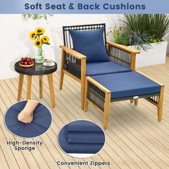 5 Piece Acacia and Rattan Patio Chair Set with 2 Ottomans and Round Glass Table, Navy