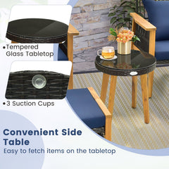 5 Piece Acacia and Rattan Patio Chair Set with 2 Ottomans and Round Glass Table, Navy