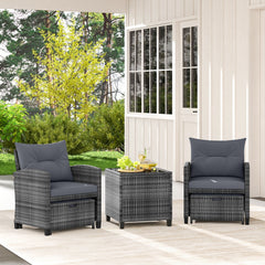 5 Piece Rattan Patio Chair Set with 2 Ottomans and Glass Coffee Table, Gray