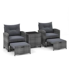 5 Piece Rattan Patio Chair Set with 2 Ottomans and Glass Coffee Table, Gray