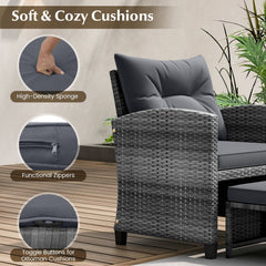 5 Piece Rattan Patio Chair Set with 2 Ottomans and Glass Coffee Table, Gray