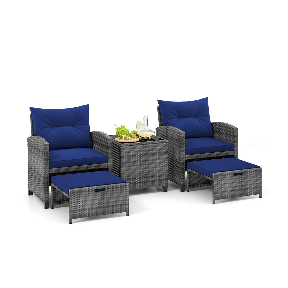 5 Piece Rattan Patio Chair Set with 2 Ottomans and Glass Coffee Table, Navy