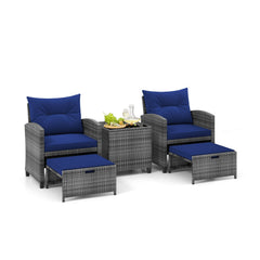 5 Piece Rattan Patio Chair Set with 2 Ottomans and Glass Coffee Table, Navy