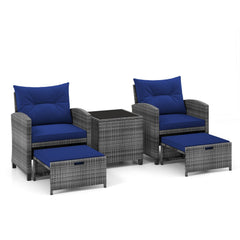 5 Piece Rattan Patio Chair Set with 2 Ottomans and Glass Coffee Table, Navy