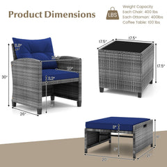 5 Piece Rattan Patio Chair Set with 2 Ottomans and Glass Coffee Table, Navy