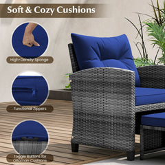 5 Piece Rattan Patio Chair Set with 2 Ottomans and Glass Coffee Table, Navy
