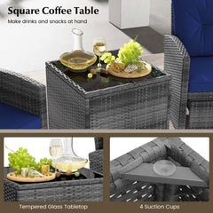 5 Piece Rattan Patio Chair Set with 2 Ottomans and Glass Coffee Table, Navy