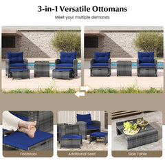 5 Piece Rattan Patio Chair Set with 2 Ottomans and Glass Coffee Table, Navy
