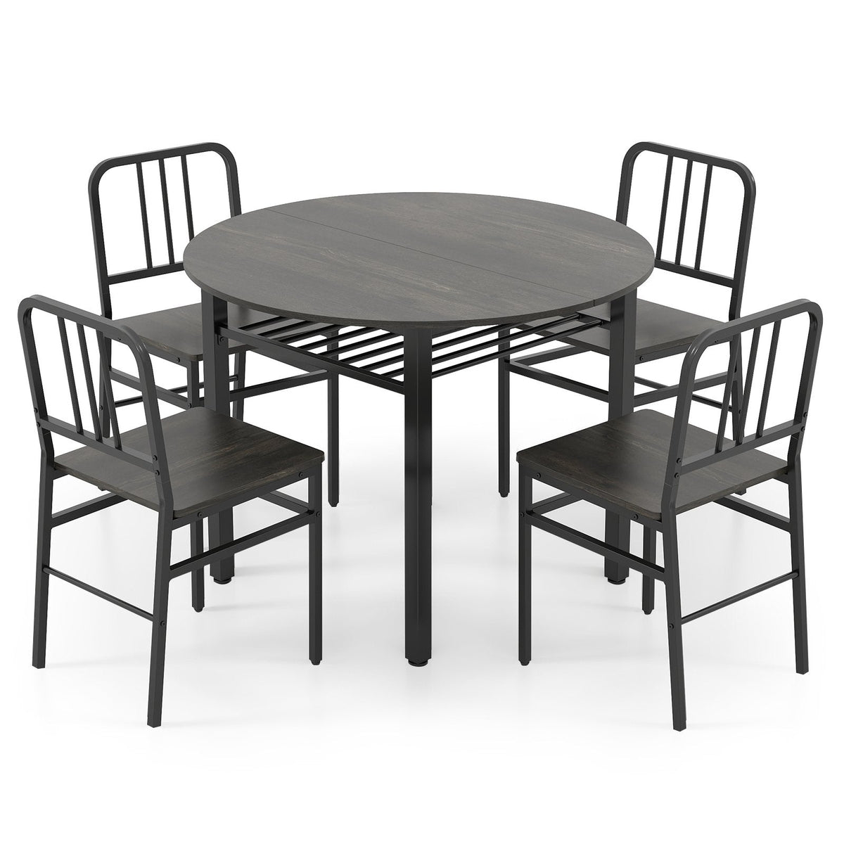 5-Piece Round Dining Table Set with Storage Shelf for Dining Room-Gray