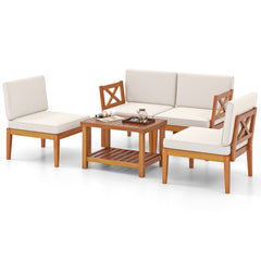 5 Piece Acacia Wood Patio Sectional Conversation Set with 2 Tier Coffee Table, Off White