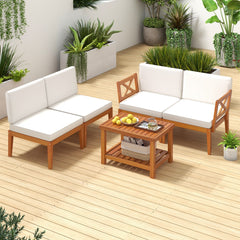 5 Piece Acacia Wood Patio Sectional Conversation Set with 2 Tier Coffee Table, Off White