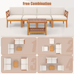 5 Piece Acacia Wood Patio Sectional Conversation Set with 2 Tier Coffee Table, Off White