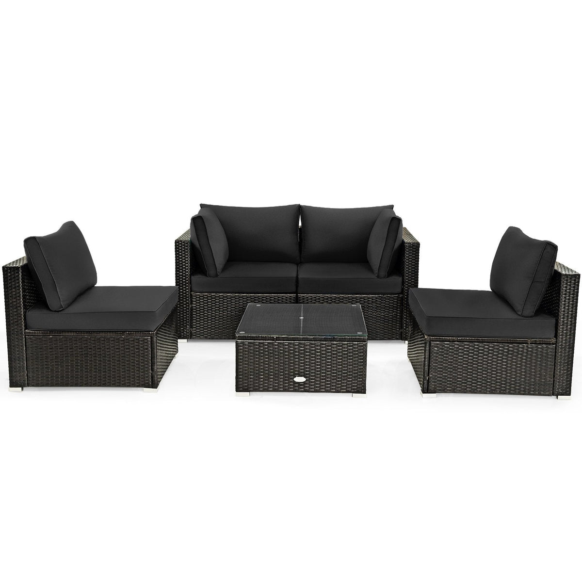 5 Piece Patio Rattan Sectional Set, 2 Corner Sofas, 2 Armless Seats and Glass Coffee Table, Black Cushions