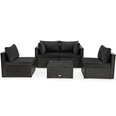 5 Piece Patio Rattan Sectional Set, 2 Corner Sofas, 2 Armless Seats and Glass Coffee Table, Black Cushions