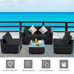5 Piece Patio Rattan Sectional Set, 2 Corner Sofas, 2 Armless Seats and Glass Coffee Table, Black Cushions