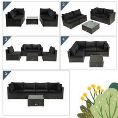 5 Piece Patio Rattan Sectional Set, 2 Corner Sofas, 2 Armless Seats and Glass Coffee Table, Black Cushions