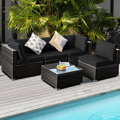 5 Piece Patio Rattan Sectional Set, 2 Corner Sofas, 2 Armless Seats and Glass Coffee Table, Black Cushions