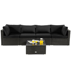5 Piece Patio Rattan Sectional Set, 2 Corner Sofas, 2 Armless Seats and Glass Coffee Table, Black Cushions