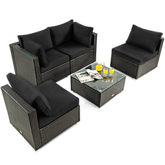 5 Piece Patio Rattan Sectional Set, 2 Corner Sofas, 2 Armless Seats and Glass Coffee Table, Black Cushions