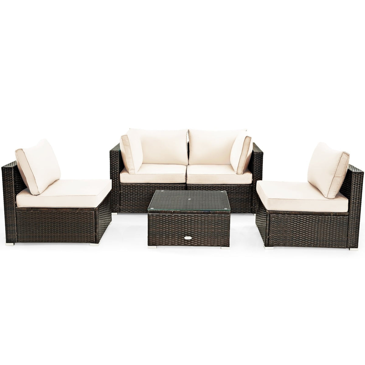 5 Piece Cushioned Rattan Patio Set, 2 Corner Sofas, 2 Armless Seats and Glass Coffee Table, Cream White