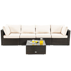 5 Piece Cushioned Rattan Patio Set, 2 Corner Sofas, 2 Armless Seats and Glass Coffee Table, Cream White