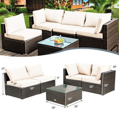 5 Piece Cushioned Rattan Patio Set, 2 Corner Sofas, 2 Armless Seats and Glass Coffee Table, Cream White