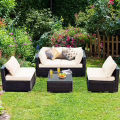 5 Piece Cushioned Rattan Patio Set, 2 Corner Sofas, 2 Armless Seats and Glass Coffee Table, Cream White