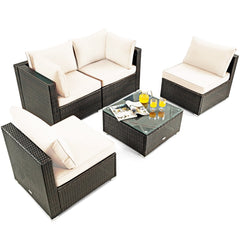 5 Piece Cushioned Rattan Patio Set, 2 Corner Sofas, 2 Armless Seats and Glass Coffee Table, Cream White