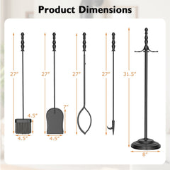 5-Pieces Fireplace Tool Set with Poker Tongs Brush Shovel and Round Stand