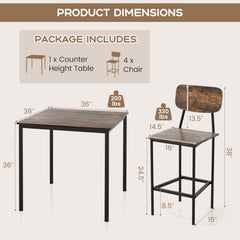 5 Pieces Industrial Dining Table Set with Counter Height Table and 4 Bar Stools-Coffee