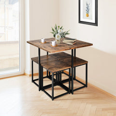 5 Pieces Metal Frame Dining Set with Compact Dining Table and 4 Stools -Walnut