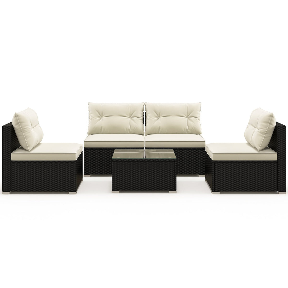 5 Piece Black Wicker Patio Conversation Set with 4 Armless Seats and Glass Top Table, Beige