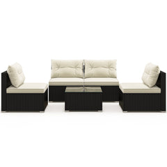 5 Piece Black Wicker Patio Conversation Set with 4 Armless Seats and Glass Top Table, Beige