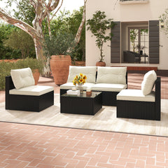 5 Piece Black Wicker Patio Conversation Set with 4 Armless Seats and Glass Top Table, Beige