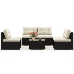 5 Piece Black Wicker Patio Conversation Set with 4 Armless Seats and Glass Top Table, Beige