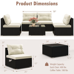 5 Piece Black Wicker Patio Conversation Set with 4 Armless Seats and Glass Top Table, Beige
