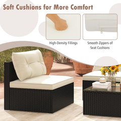 5 Piece Black Wicker Patio Conversation Set with 4 Armless Seats and Glass Top Table, Beige