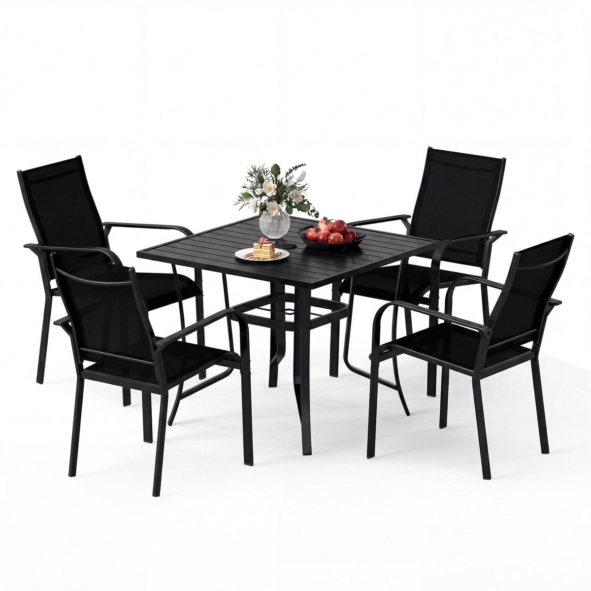 5 Piece Patio Dining Set for 4 with Square Table and Stackable Chairs, Black