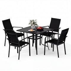 5 Piece Patio Dining Set for 4 with Square Table and Stackable Chairs, Black