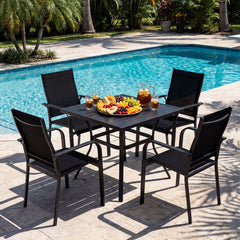 5 Piece Patio Dining Set for 4 with Square Table and Stackable Chairs, Black