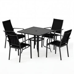 5 Piece Patio Dining Set for 4 with Square Table and Stackable Chairs, Black