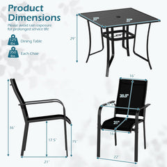 5 Piece Patio Dining Set for 4 with Square Table and Stackable Chairs, Black