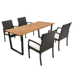 5 Piece Patio Rattan Dining Set, 69 Inch Acacia Topped Table with Lidded 2 Inch Umbrella Hole and 4 Cushioned Armchairs