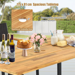 5 Piece Patio Rattan Dining Set, 69 Inch Acacia Topped Table with Lidded 2 Inch Umbrella Hole and 4 Cushioned Armchairs