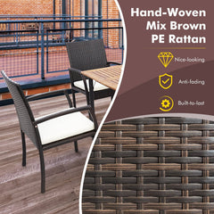 5 Piece Patio Rattan Dining Set, 69 Inch Acacia Topped Table with Lidded 2 Inch Umbrella Hole and 4 Cushioned Armchairs