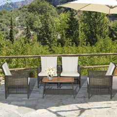 5 Piece Wicker Patio Conversation Set with 4 Armchairs and Acacia Top Table, Off White