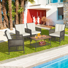 5 Piece Wicker Patio Conversation Set with 4 Armchairs and Acacia Top Table, Off White